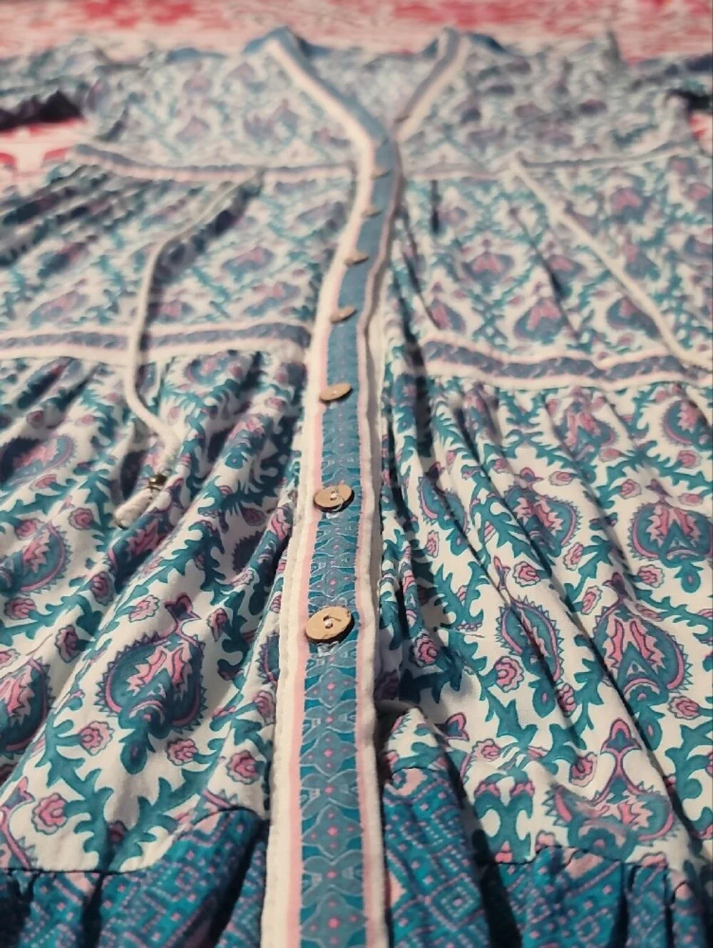 Free People Boho Chic Button-Front Midi Dress in Teal Pink and White